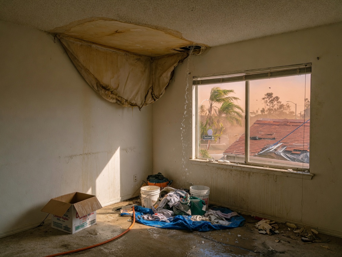 Water Damage From Roof Leaks During Santa Ana Winds in Fontana